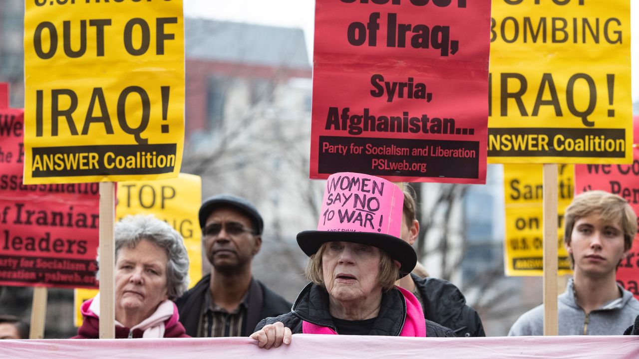 Demonstrators at an anti-war protest outside the White House on Saturday, January 4, 2020.