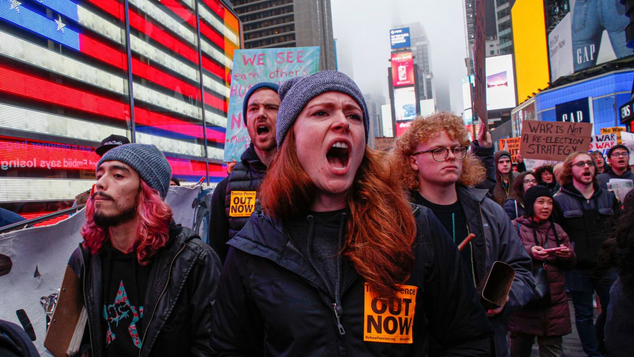 Anti-war protesters at Times Square in New York on January 4, 2020. 