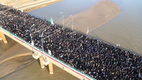 Mourners cross a bridge in Ahvaz, Iran, to attend a funeral ceremony for Gen. Qassem Soleimani, who was killed in Iraq in a US drone strike.