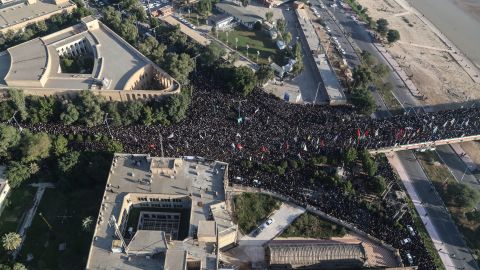 An aerial view shows mourners attending a funeral ceremony for Gen. Qassem Soleimani and his comrades in the southwestern city of Ahvaz, Iran, on Sunday.