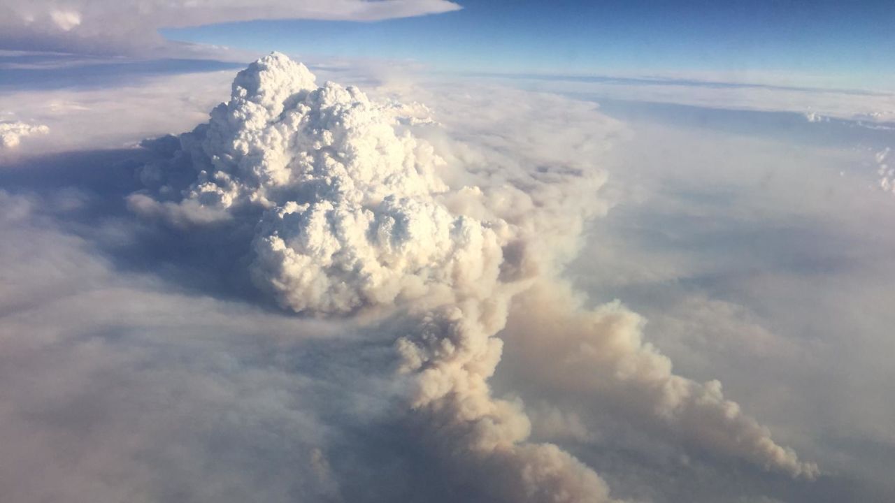 Fire-induced thunderstorms over New South Wales, seen from a flight on January 5, 2020.