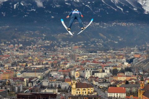 Norwegian ski jumper Sondre Ringen soars above Innsbruck, Austria, during the Four Hills Tournament on Saturday, January 4.