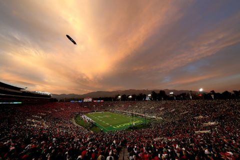 The sun sets near the Rose Bowl in Pasadena, California, on Wednesday, January 1. Oregon was playing Wisconsin in the annual bowl game.