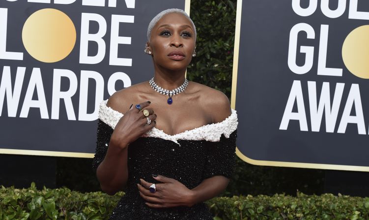 Cynthia Erivo wore a Thom Browne tuxedo dress that glittered with pearl embroidery, sequins and black crystals. The British actress' off-the-shoulder gown took 800 hours to create and was paired with a stunning Bulgari necklace worth $3 million, according to her stylist.