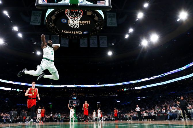 Boston's Jaylen Brown throws down a dunk during an NBA game against Atlanta on Tuesday, January 3.