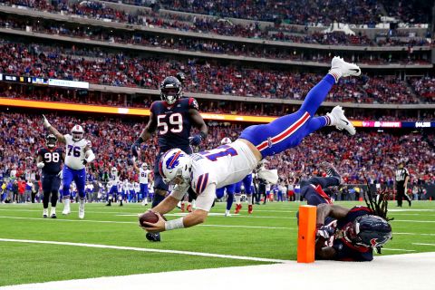 Buffalo quarterback Josh Allen dives for a touchdown during an NFL playoff game in Houston on Saturday, January 4. Houston won 22-19 in overtime.