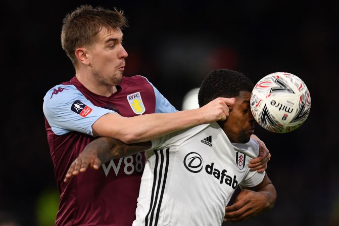 Aston Villa's Bjorn Engles, left, competes with Fulham's Ivan Cavaleiro during an FA Cup match in London on Saturday, January 4. Fulham advanced with a 2-1 victory.