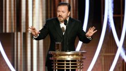 BEVERLY HILLS, CALIFORNIA - JANUARY 04: In this handout photo provided by NBCUniversal Media, LLC,  host Ricky Gervais speaks onstage during the 76th Annual Golden Globe Awards at The Beverly Hilton Hotel on January 5, 2020 in Beverly Hills, California. (Photo by Paul Drinkwater/NBCUniversal Media, LLC via Getty Images)