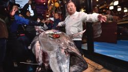Kiyoshi Kimura (R), President of Kiyomura Corp., the Tokyo-based operator of sushi restaurant chain Sushizanmai, displays a 276-kilogram bluefin tuna that fetched 193.2 million yen (1.8 million USD) at his main restaurant in Tokyo on January 5, 2020 after the New Year's auction at Toyosu fish market.