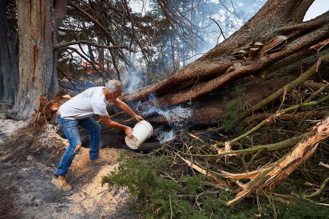 A resident throws a bucket of water onto a smoldering tree on his property in Wingello, Australia. 