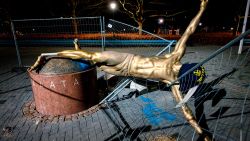 The staue of Swedish football player Zlatan Ibrahimovic in Malmo, Sweden, is pictured after it has been completly sawn down and destroyed during the night to January 5, 2020. - The statue has been the target of vandalism since the star has announced his part ownership in football club Hammarby, a team rivalling with Malmo FF (MFF) -- the club where Ibrahimovic started his professional career in 1999. (Photo by Johan NILSSON / TT News Agency / AFP) / Sweden OUT (Photo by JOHAN NILSSON/TT News Agency/AFP via Getty Images)