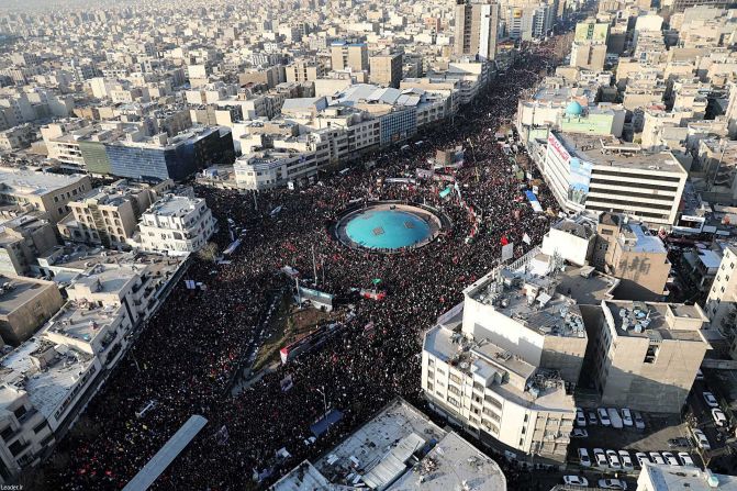 Crowds fill the streets of Tehran during Soleimani's funeral procession.