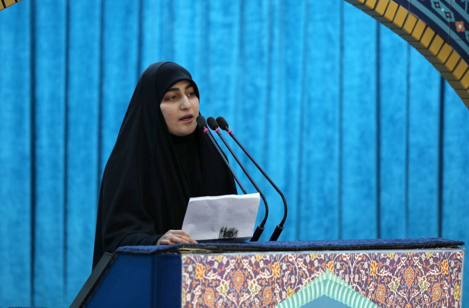Solemani's daughter Zainab makes a speech during her father's funeral.