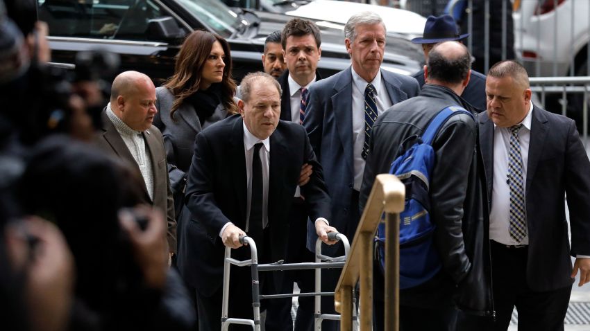 Harvey Weinstein, former co-chairman of the Weinstein Co., center, arrives at state supreme court in New York, U.S., Monday, Jan. 6, 2020. Weinstein's criminal trial, on five felony counts, including predatory sexual assault and rape, is scheduled to begin on Monday in state court in Manhattan. Jury selection could last two weeks, the trial six more. Photographer: Peter Foley/Bloomberg via Getty Images