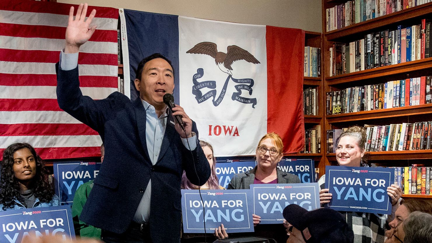 Democratic presidential candidate Andrew Yang speaks at a campaign rally at the Brewed Book, Monday, Jan. 6, 2020, in Davenport, Iowa. (AP Photo/Andrew Harnik)