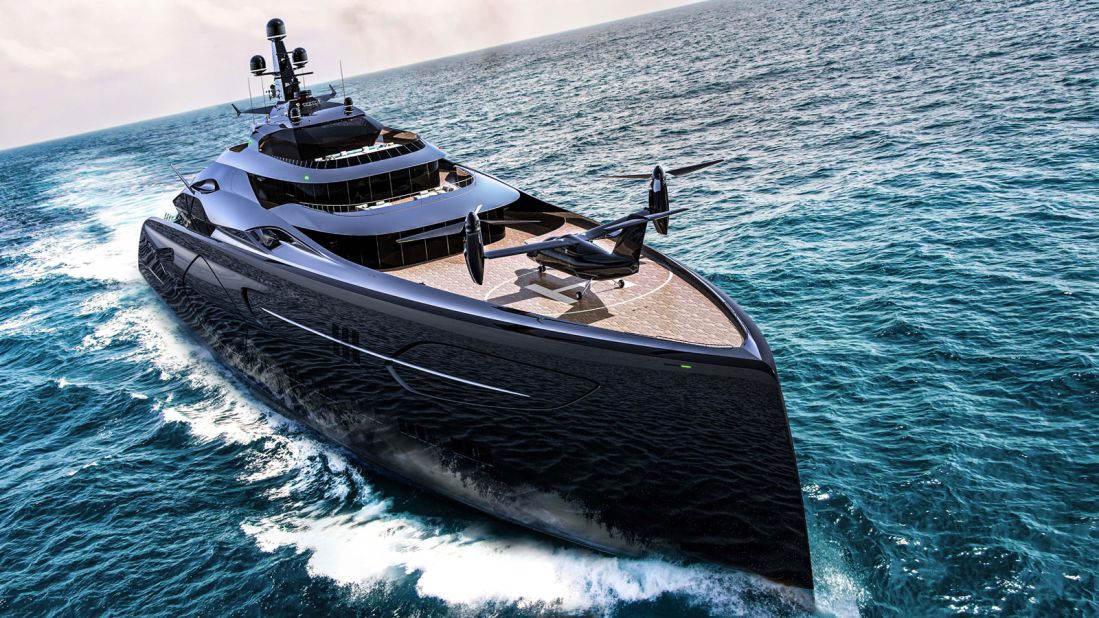 <strong>Project Centauro:</strong> The 360-foot vessel, which has a glossy black hull and strong lines, will be powered by two MTU engines teamed with steerable water jets.