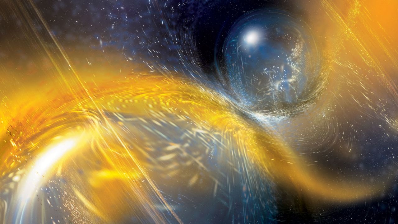 An artist's depiction of two neutron stars colliding.