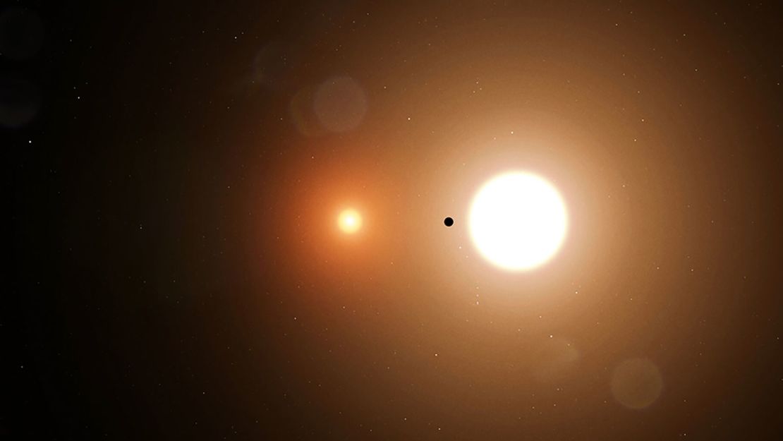 TOI 1338 b is silhouetted by its host stars. TESS only detects transits from the larger star