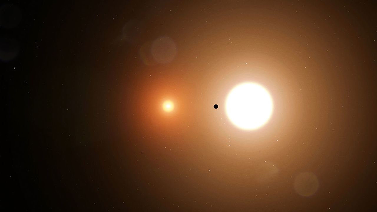 TOI 1338 b is silhouetted by its two host stars, making it the first such discovery for the TESS mission. TESS only detects transits from the larger star