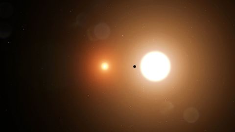 TOI 1338 b is silhouetted by its host stars. TESS only detects transits from the larger star