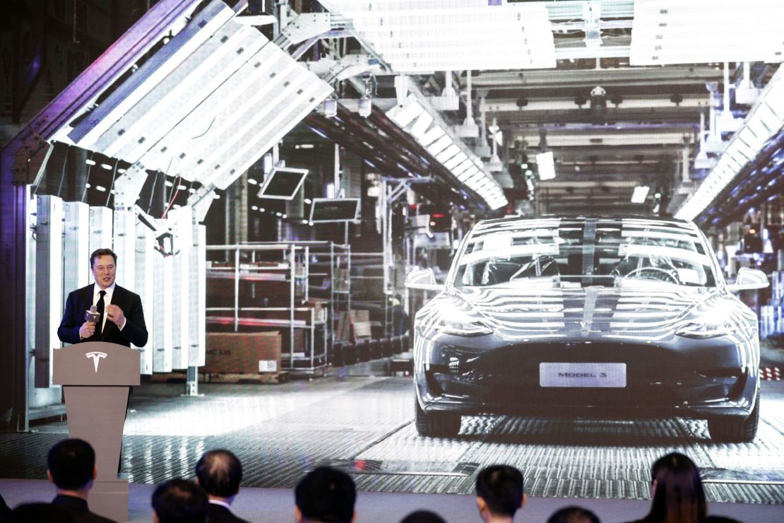 Tesla CEO Elon Musk speaks during a ceremony at the company's Gigafactory in Shanghai, China, on Tuesday.