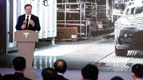 Tesla CEO Elon Musk speaks during a ceremony at the company's Gigafactory in Shanghai, China, on Tuesday.
