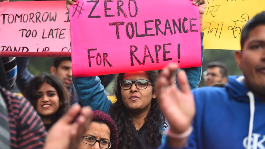 NEW DELHI, INDIA - DECEMBER 16: DU students and members of Asmita Theatre Group hjold placards and shout slogans during a protest against government as Nirbhaya and other rape survivors haven't received justice, on the seventh anniversary of the Nirbhaya rape case, at Jantar Mantar on December 17, 2019 in New Delhi, India. (Photo by Raj K Raj/Hindustan Times via Getty Images)