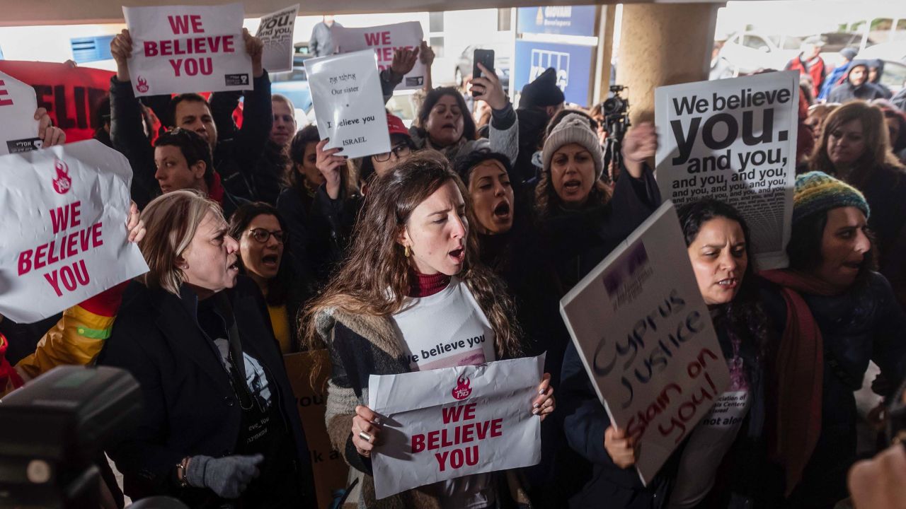 Activists protest outside the Famagusta District Court on Tuesday.