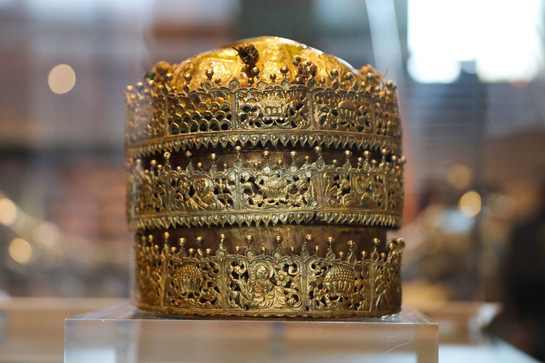 A crown taken by British troops at the battle of Magdala in 1868, pictured on display at the Victoria and Albert museum in London in 2018.