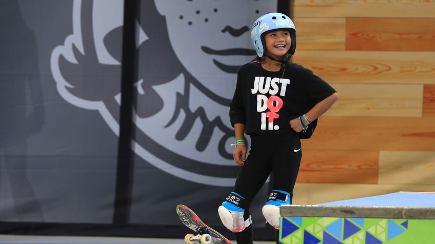 MINNEAPOLIS, MINNESOTA - AUGUST 02: Sky Brown of Great Britain looks on while practicing for the Women's Skateboard Park at the X Games Minneapolis 2019 at U.S. Bank Stadium on August 02, 2019 in Minneapolis, Minnesota. (Photo by Sean M. Haffey/Getty Images)