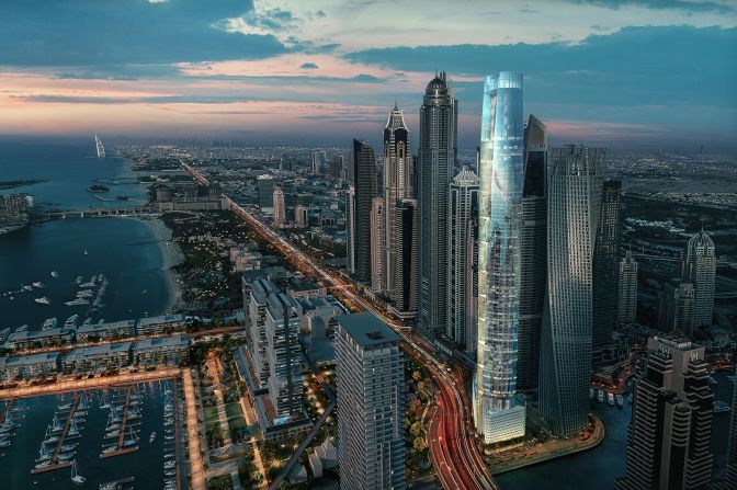 Ciel Tower in Dubai's Marina district, pictured in this render, will be the <a href="https://edition.cnn.com/travel/article/ciel-tower-hotel-dubai/index.html" target="_blank">tallest hotel in the world</a> at 365 meters (1,197 feet) when it's completed — overtaking the current record holder, the 356-meter (1,168 feet) tall Gevora Hotel, also in Dubai.
