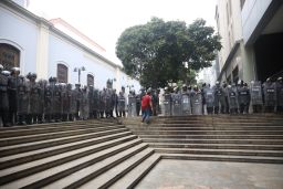 National police officers block to the National Assembly entrance on January 7, 2020 in Caracas, Venezuela.