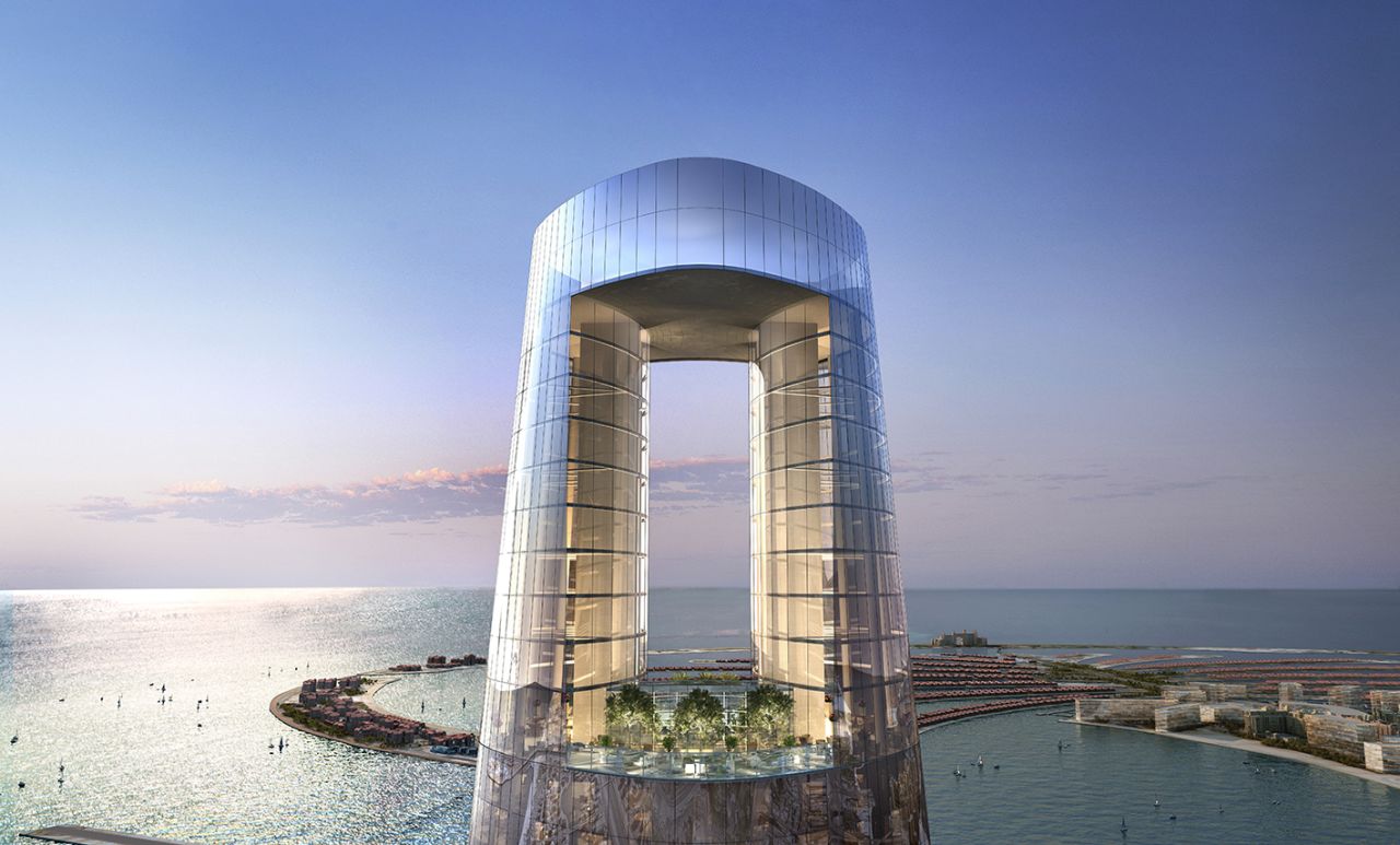 The design aims to make the most of the building's height, featuring a glass observation deck that offers 360-degree views of the city, including its renowned man-made islands.  