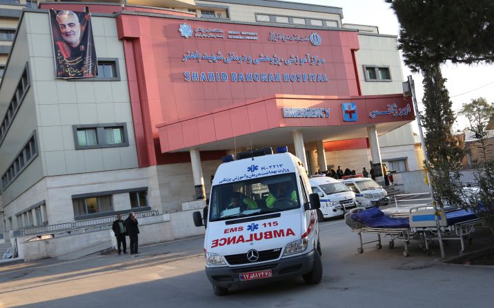 A portrait of Soleimani hangs outside a hospital where victims of the stampede were being treated.