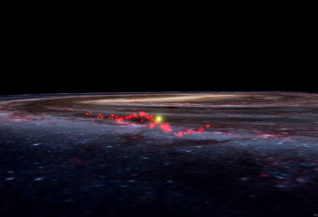 This image shows the Radcliffe Wave, taken from the World Wide Telescope, overlaid on an artist's illustration of the Milky Way and our sun. 