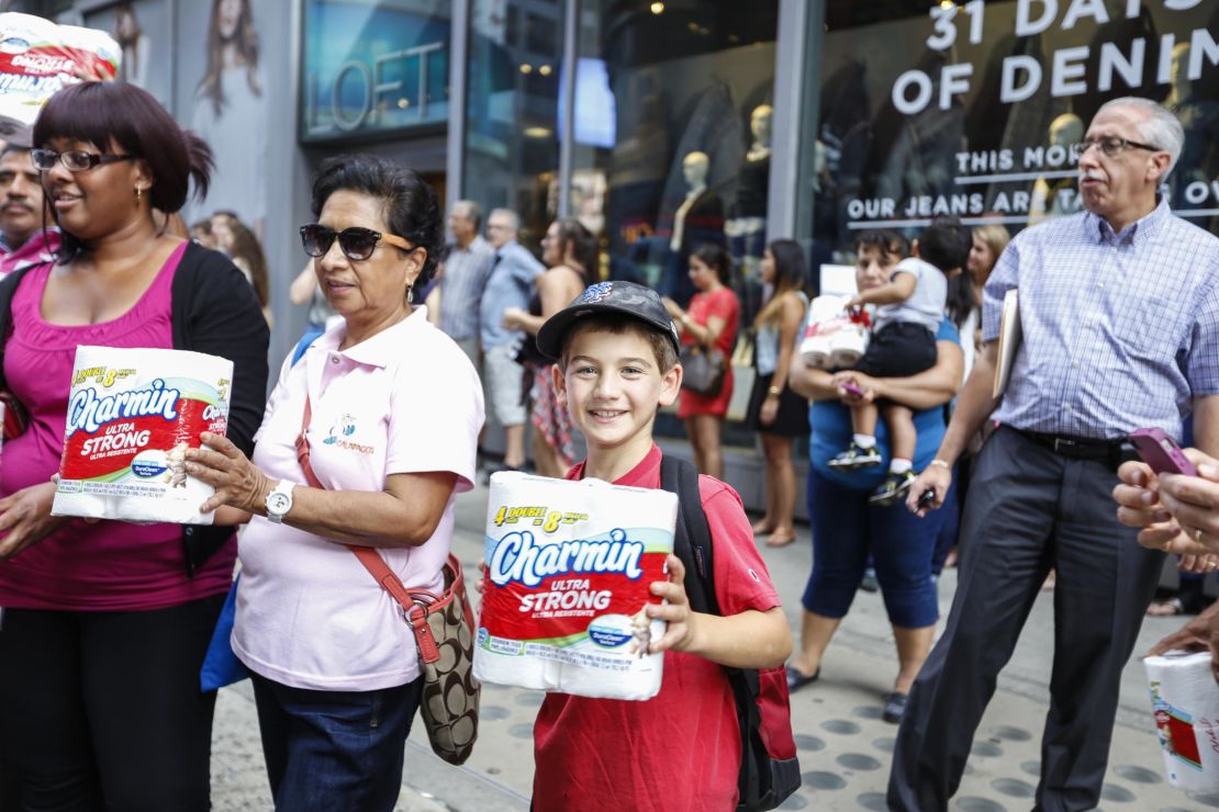 Charmin bathroom tissue celebrated National Toilet Paper Day in Times Square with a truck of free toilet paper on Aug. 26, 2014.