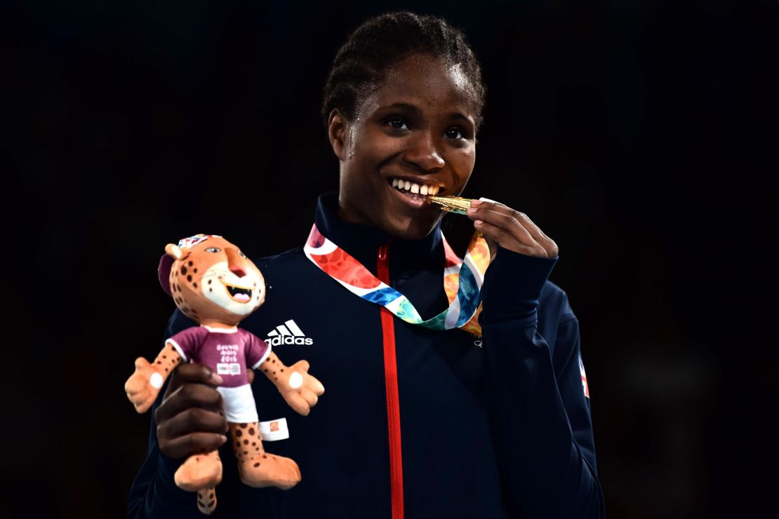 Caroline Dubois celebrates winning gold at the 2018 Youth Olympics.