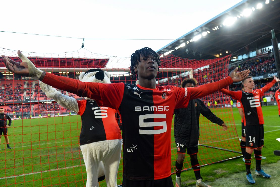 Eduardo Camavinga greets fans after Rennes' French Cup victory over Amiens.