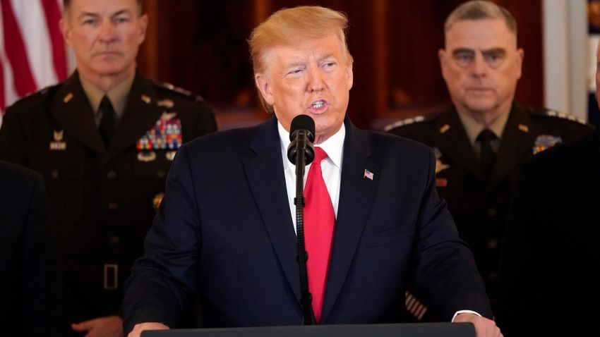 U.S. President Donald Trump speaks from the White House on January 08, 2020 in Washington, DC. During his remarks, Trump addressed the Iranian missile attacks that took place last night in Iraq.