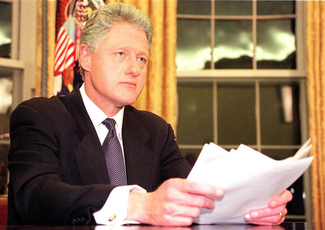 President Bill Clinton prepares to address the nation December 16, 1998, from the White House in Washington