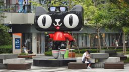 This photo taken on September 4, 2019 shows the mascot of Alibaba Group's online retail platform Tmall displayed at Alibaba's headquarters in Hangzhou in China's eastern Zhejiang province.