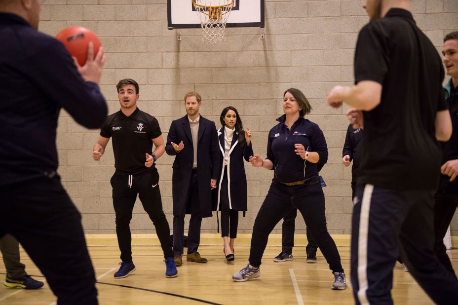 The couple watches Coach Core apprentices take part in a training exercise in Birmingham, England, in March 2018. The Coach Core apprenticeship scheme was designed by the Royal Foundation to train young people to become sports coaches and mentors within their communities.