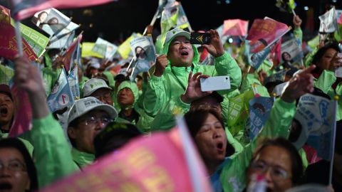 Supporters of Taiwan's current president and Democratic Progressive Party presidential candidate, Tsai Ing-wen, cheer at a rally in Taoyuan on January 8, 2020.