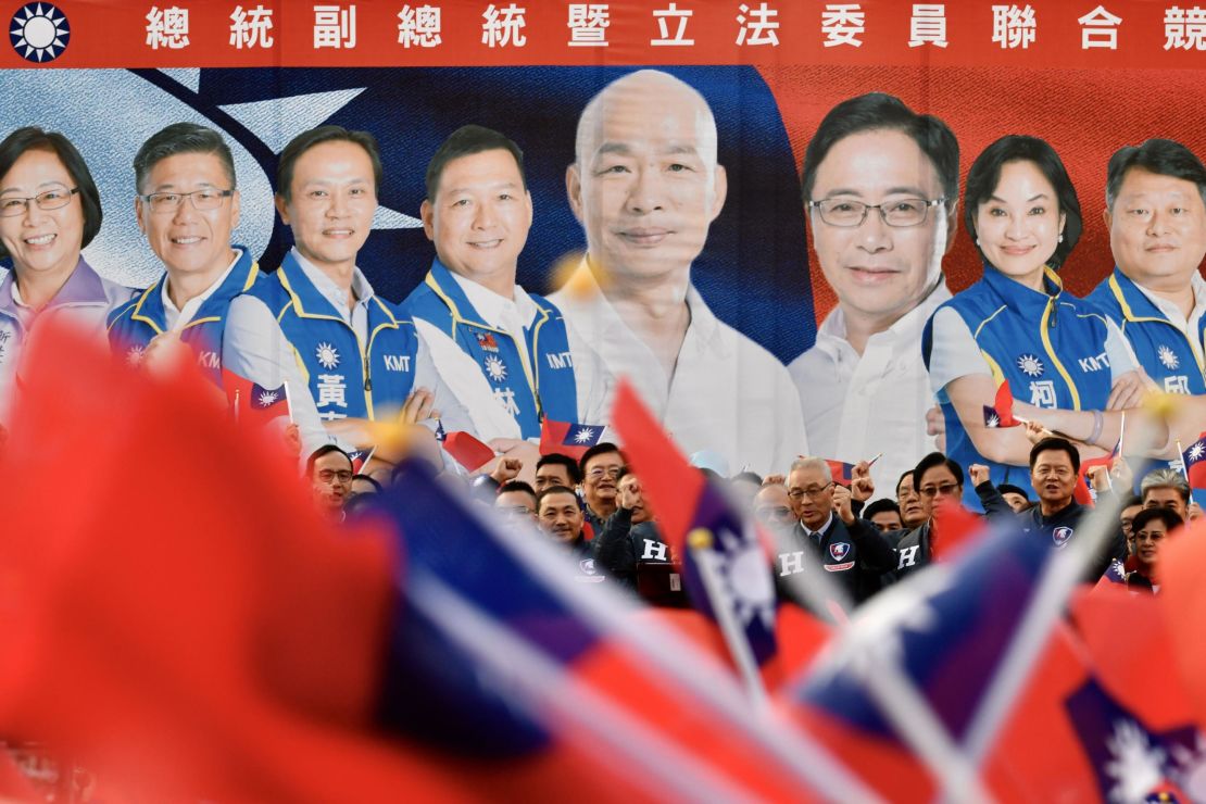 Han Kuo-yu and KMT election candidates seen on posters at a campaign rally in New Taipei City on December 8, 2019.