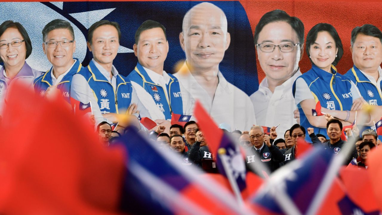 Han Kuo-yu and KMT election candidates seen on posters at a campaign rally in New Taipei City on December 8, 2019.