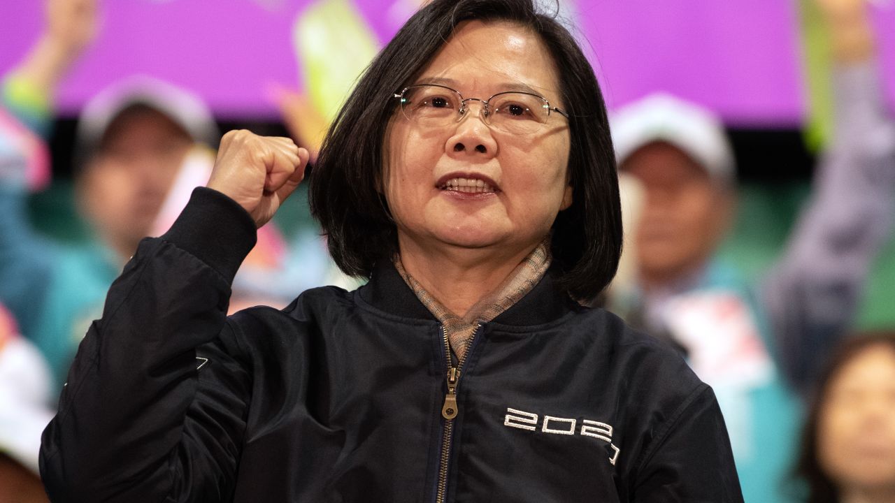 Tsai Ing-wen gestures on stage during a rally ahead of Saturday's presidential election on January 8, 2020 in Taoyuan, Taiwan.