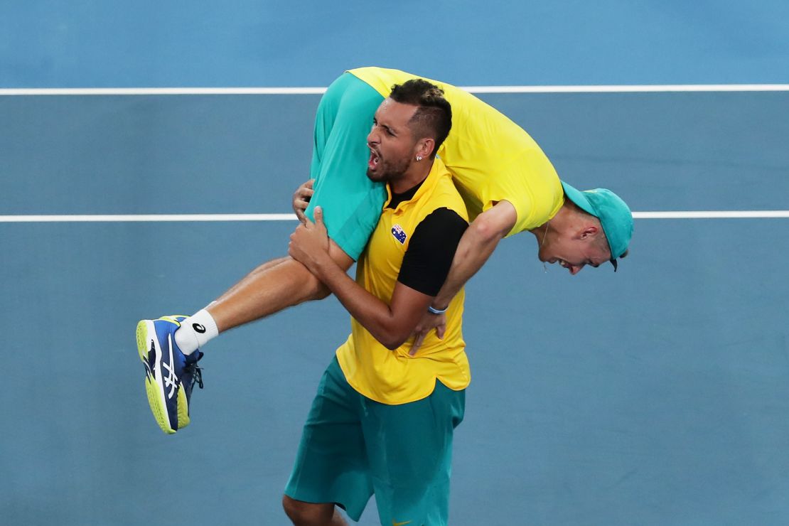 Australia's Alex de Minaur and Nick Kyrgios celebrate beating Britain in the quarterfinals of the ATP Cup. 