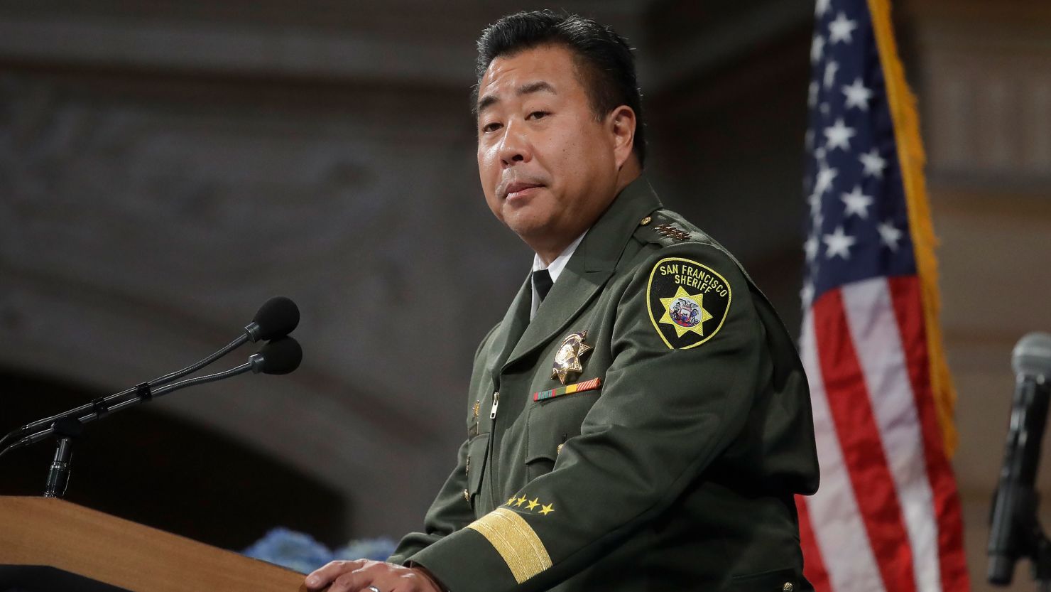 San Francisco Sheriff Paul Miyamoto speaks at his swearing-in ceremony at City Hall.