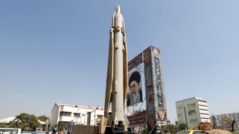 A Shahab-3 surface-to-surface missile on display in Tehran on September 26, 2019. 