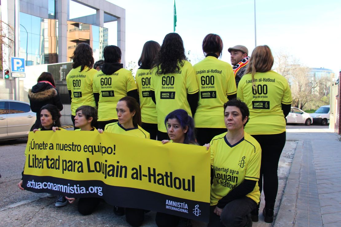 Amnesty International protesters wear the No. 600 on their shirts, the number of days Loujain al-Hathloul had been in prison.